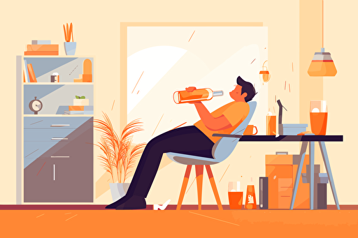 Person in an office passed out drunk in their chair, empty bottle of alcohol, flat style illustration for business ideas, flat design vector, industrial, light and magical, high resolution, entrepreneur, colored cartoon style, light orange and dark orange, cad( computer aided design) , white background