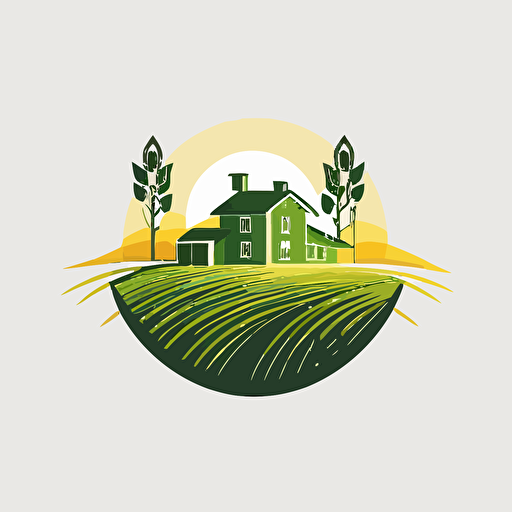 Vector logo, minimalist, feed house, Green fields, sun