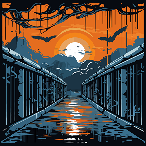 a vector image on a bridge with a prison in the distance, blue and orange and dark gray, graffiti style
