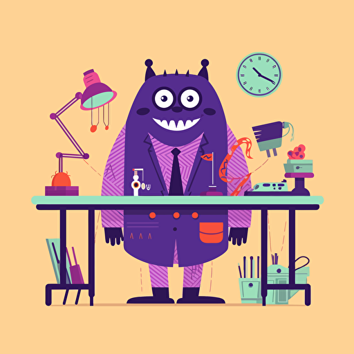 a nice monster, dressed as a tailor, dressed in suit, standing next to sewing machine, vector illustration, flat