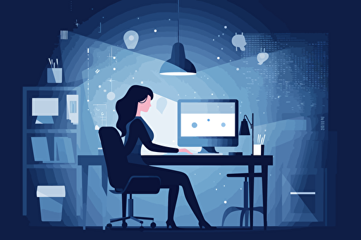 person working in office, flat style illustration for business ideas, flat design vector, industrial, light and magical, high resolution, entrepreneur, colored cartoon style, light indigo and dark indigo, cad( computer aided design) , Lois van baarle, white background