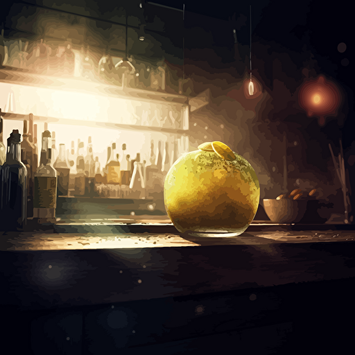 one juicy fruit at the bar couter, analog, smoky, distorted, abstract, fantasy scene, dimmed lights, depth of field, rough, textured, grainy, dusty, vector