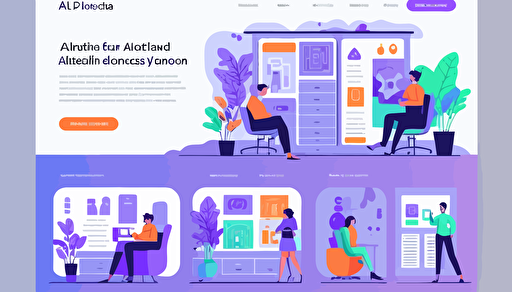 AI product sales page, a visually engaging design showcasing various AI applications, with people interacting with AI-powered devices in different settings like homes, offices, and nature, focusing on the ease and versatility of AI technology, Illustration, modern flat vector style, Color Scheme: A blend of cool blues, purples, and grays with pops of vibrant accent colors like green, orange, and pink,