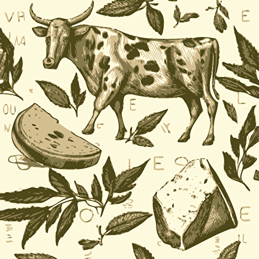 a cow, kitchen herbs, cheese, baggette drawings print seamless pattern vector, in the style of made of cheese, grit and grain, 1860–1969, carcore, beige, combining natural and man-made elements, highly detailed foliage
