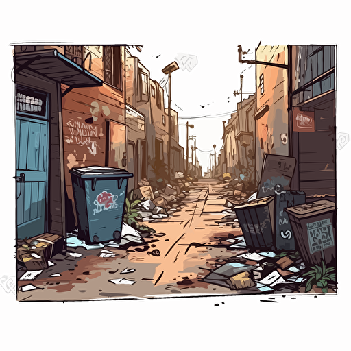 dirty alley with dumpster, in cartoon style, digital art, vector, detailed, hyper-detailed, sticker, white background,