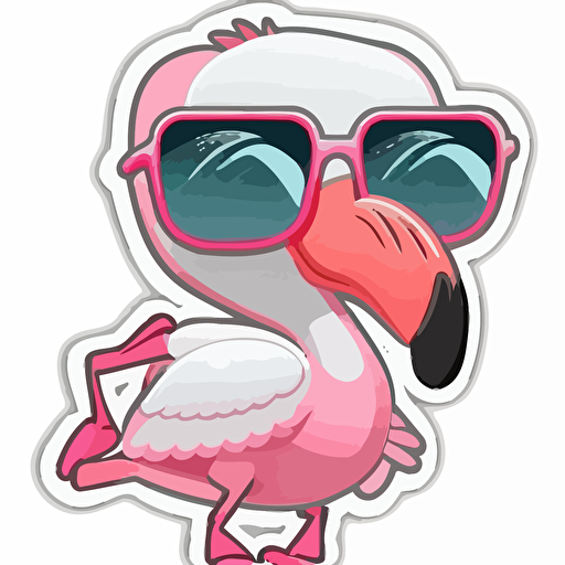 sticker, a baby Flamingo with legs with sunglasses, kawaii, contour, vector, white background