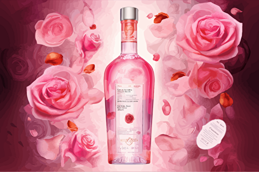 alcohol brand bottle vectorized sales sheet design layout, full resolution, pink white, pink rose petals , illustrator