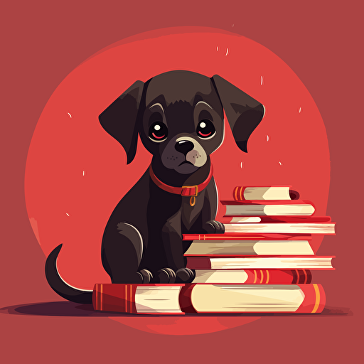 A cute puppy dog with floppy ears and big brown eyes, sitting in front of a stack of books, wearing a red collar with a gold tag, Minimalistic vector art, black SVG, indoor scene, soft lighting,