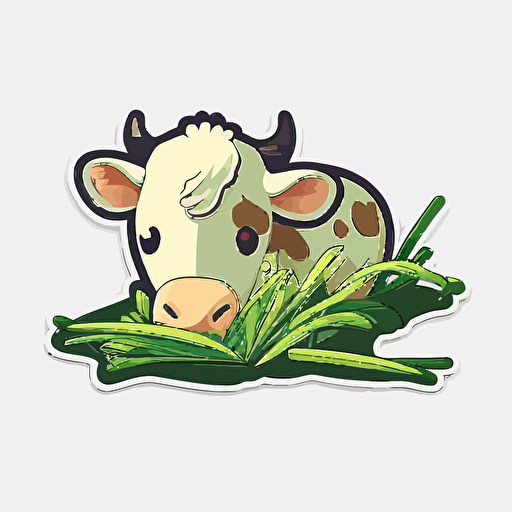 Very cute cow eating grass pixar style, 2d flat design, vector, cut sticker