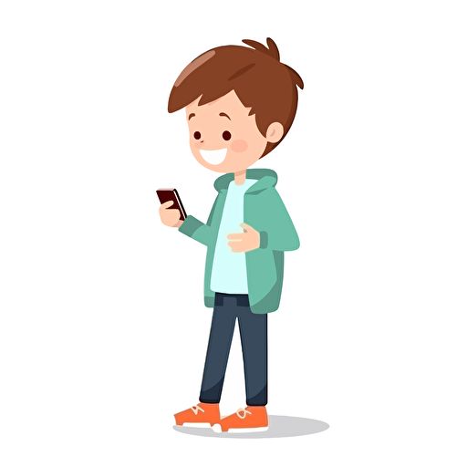 boy with a smartphone, simple vector, children book illustration, white background
