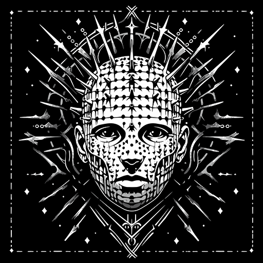 OBEY design style pinhead from hellraiser, skateboard brand logo design poster, white on black, 2048x2048 pixels, vector