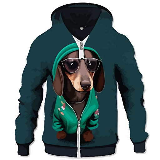 anthropomorphic standard sized dachshund wearing a hoodie and cool sunglasses, vector illustration, vibrant colors, dye-sublimation
