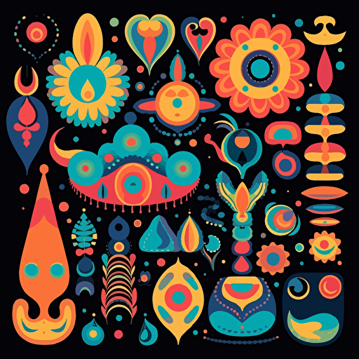 assorted group of vectorized ornates, colorful, flat art