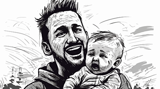 Young laughing father looking desperate holding laughing baby, Vector art, funny, black and white ,