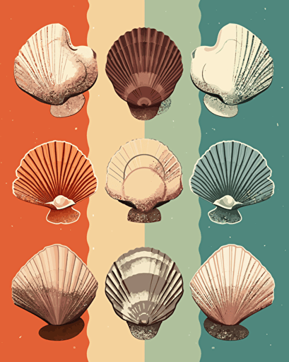 seashells, retro aesthetics, vector image, sticker design, pantone color scheme: 12-1706 TCX, 12-0824 TCX, 15-0146 TCX, 15-1164 TCX, 16-6340 TCX, 17-4247 TCX, 18-2043 TCX, 19-6026 TCX. The final piece should exude a warm, holiday-like ambiance.