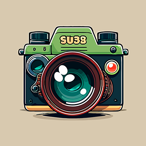 a mascot logo of a 35mm camera and lense, simple, vector, no shading detail