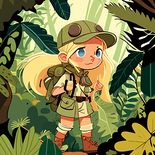 ILLUSTRATION OF little blonde girl in an explorer outfit FOR A CHILDRENS BOOK, IN THE STYLE OF genndy tartakovsky. , RAIN FORREST, tree lizards, JUNGLE, hiking, ADVENTURE SCENE, EXPLORer, vines, 1st person CAMERA VIEW. gOLDEN HOUR. tense VECTOR ILLUSTRATION