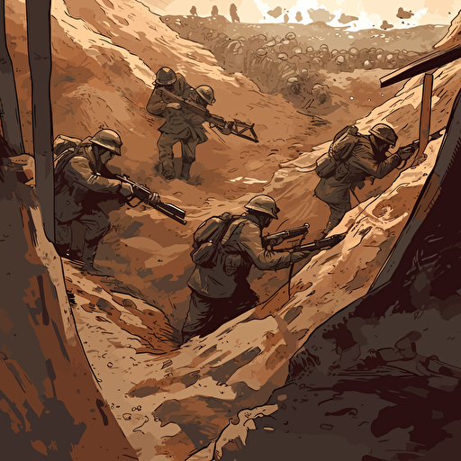 battle landscape , world war I , looking down , holding their guns with bayonette, in the trenches with helmets, 16:9 format, illustration vectorial style, limited color palette, view from above