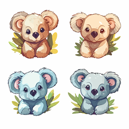 cute smiling koalas set of 4 colorful illustration, flat colors, vector, detailed, white background