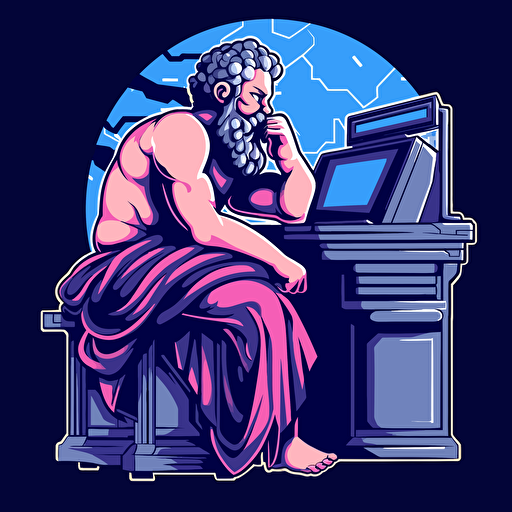 A ancient Greek Philosopher thinking pose watching a computer connected to an AI machine, futuristic, vector logo
