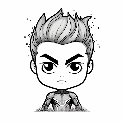 a water inspired kid superhero bust, kawaii, digital illustration, minimalism, concept art, vector draw, revenge, black and white, coloring page, outline only, powefull
