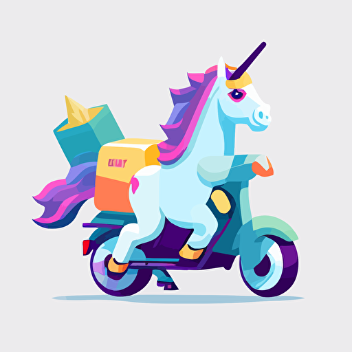 unicorn delivers on a motorcycle, simple flat style, picture, cartoon, vector, white background