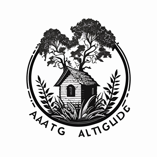 vector image logo, 3 color maximum, for the company name "Garden Attic." a house with a garden growing out from the roof. Minimal trees, no clouds, on white, black outline.