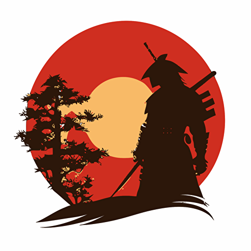 square logo, silhouette of a samurai against a red sun, white background, flat image vector