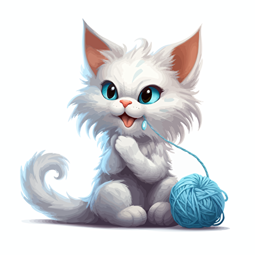 an adorable chestnut turkish angora cat with sky blue eyes playing with a ball of yarn and snarling, vector art
