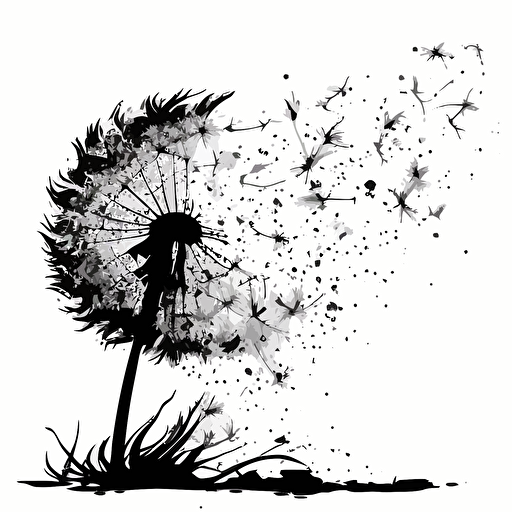 vector 2d image black ink dandelion left handside blowing in the wind away to the right