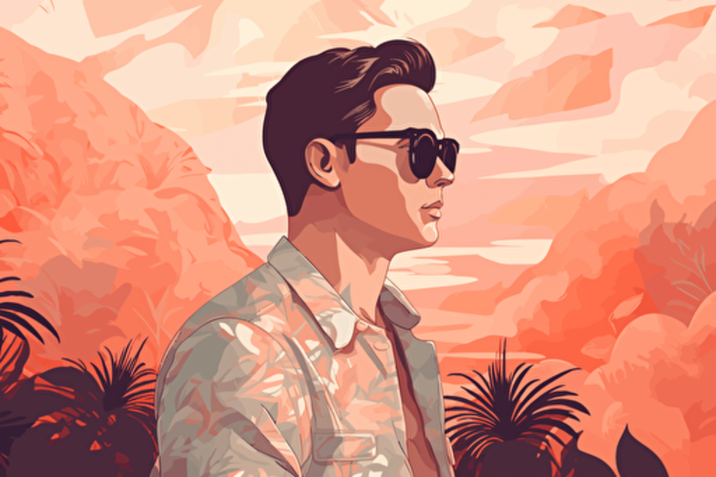 Vector image of a guy wearing shades, summer themed wallpaper, warm pastel colors, concept art,