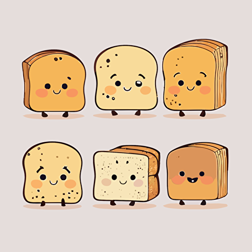 cute bread kawaii style, vector white background, bread has a happy facial expression