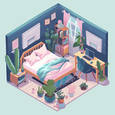 isometric bedroom, desk, bed, lots of house plants, kawaii aesthetic, evening time,vector art, dreamy, serene,