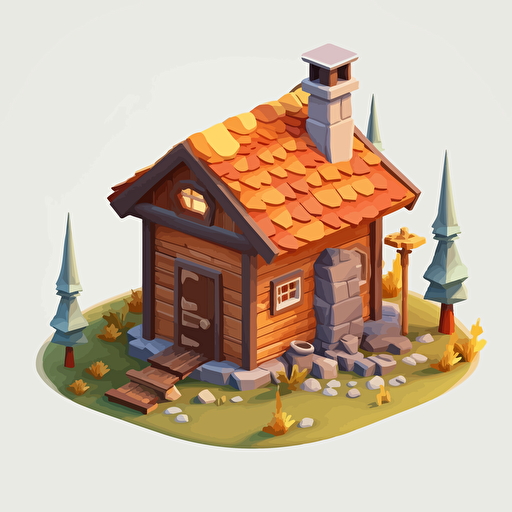 Low poly Cartoon vector style simple wooden hut, house of park ranger, isometric view, transparent background