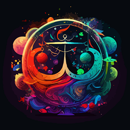 vector art image of a hyper-detailed libra sign, vibrant colors, in space swirling with colors and shapes, surprising, epic, dazzling, dreamlike,