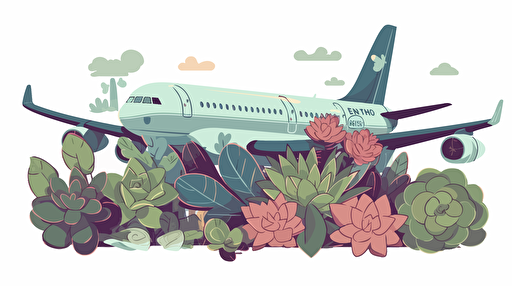 importing succulents, echeveria and succulents on airplane, flat color, vector illustration, for blog thumbnail image, simple, white background