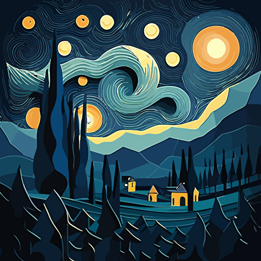 Create a flat design interpretation of Van Gogh's "The Starry Night," using simple shapes and a limited color palette in a vector art style.