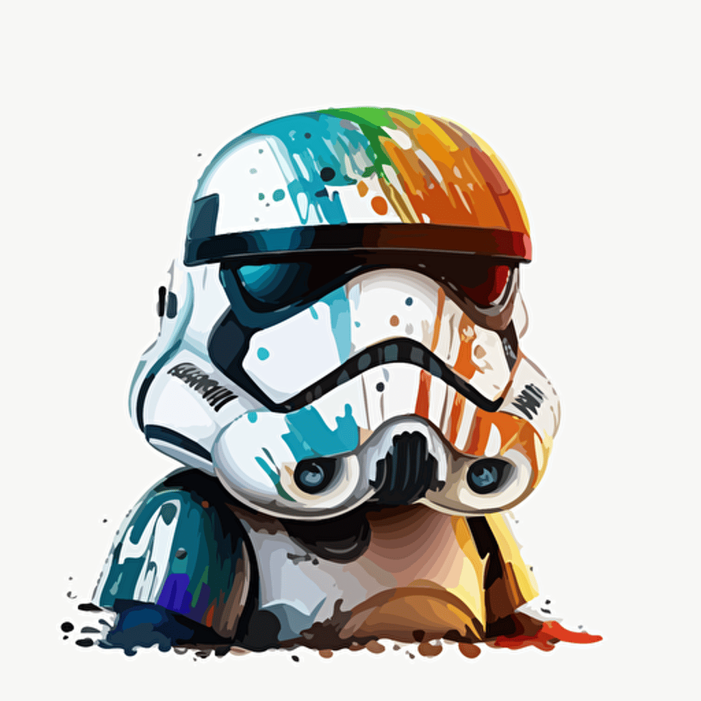 A saturated colorfull baby fur stormtrooper, goofy looking, smiling, white background, vector art , pixar style