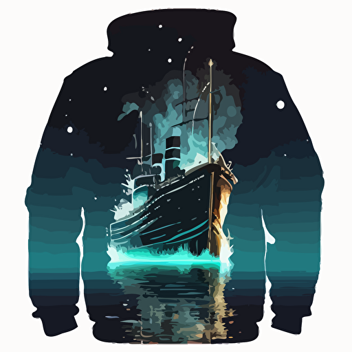 big ship looking like titanic cruising on ocean, night sky, vector image, hoodie design