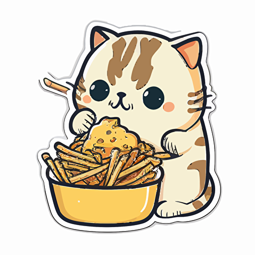 sticker, cute, hungry cat eating potato, liu yi artist style, vector, contour, white background