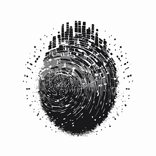 a futuristic pixel iconic logo of a fingerprint made of circuitry, black vector on white background.