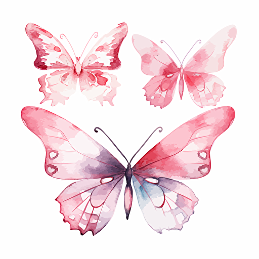 whimsical watercolor illustration of butterflies in hues of pink, blush, magent, vector on white background