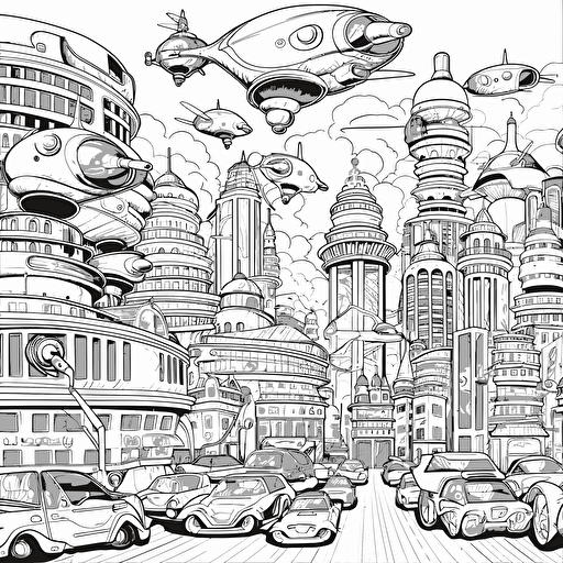 Futuristic City. Many Flying Cars. No Shading. Cartoon. Coloring page. Vector. Simple.