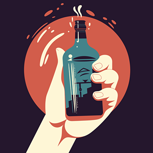 man's hand holding a bottle with liquid inside, 5 fingers on hand, hand raised up, vector, Tom Whalen style