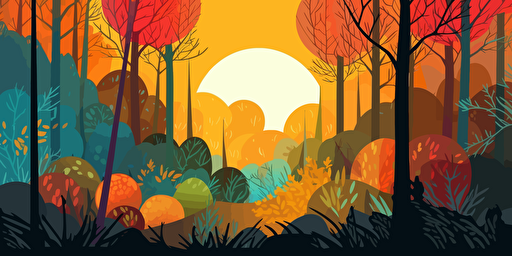 The forest and the sun at 11 a.m. 2D, vector illustration, bright colors. Drawing using AI.