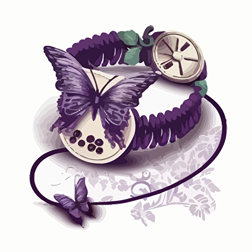 handmade bracelet with spool of thread and purple butterfly logo, flat, vector style, white background.