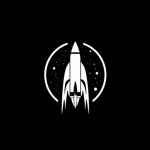 negative space iconic logo of rocket and space exploration, white vector, on black background