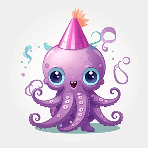 happy birthday cute octopus, detailed, cartoon style, 2d clipart vector, creative and imaginative, floral, hd, white background