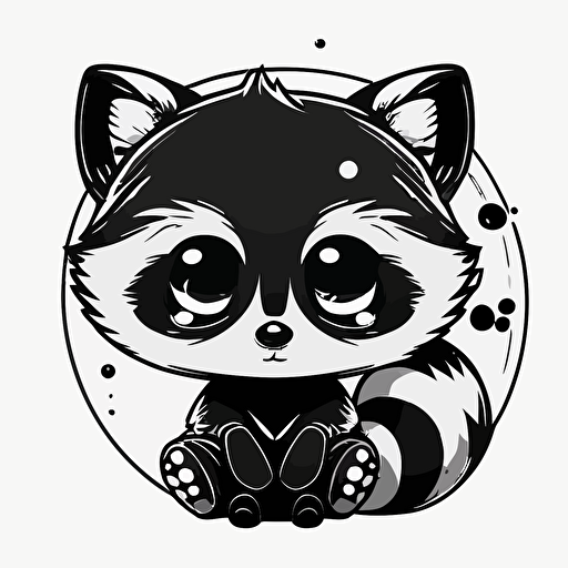 cute racoon kawaii style, vector clipart, black and white