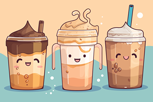 4 takeaway coffees in spring style, including iced coffee, frappuchino, vector sticker, transparent background, kawaii pixar cartoon but without faces, high resolution